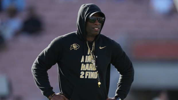 Colorado Buffaloes head coach Deion Sanders reacts during the game against the UCLA Bruins at Rose Bowl